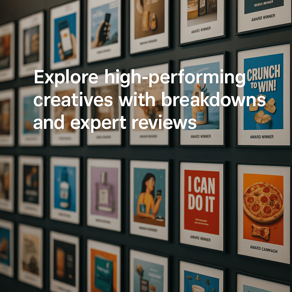 Explore high-performing creatives with breakdowns and expert reviews. 1 A showcase wall filled with award-winning marketing creatives