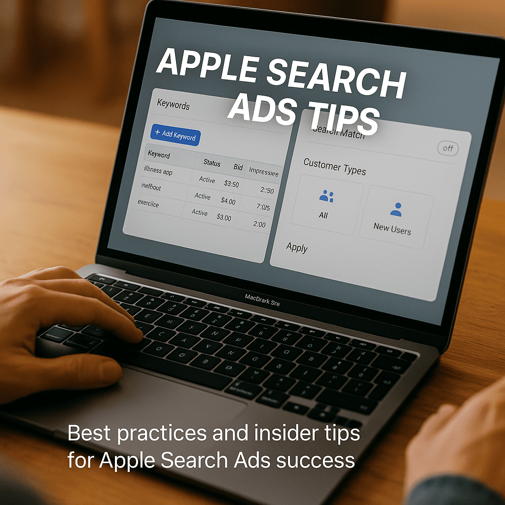 A marketer optimizing Apple Search Ads keywords and targeting settings.