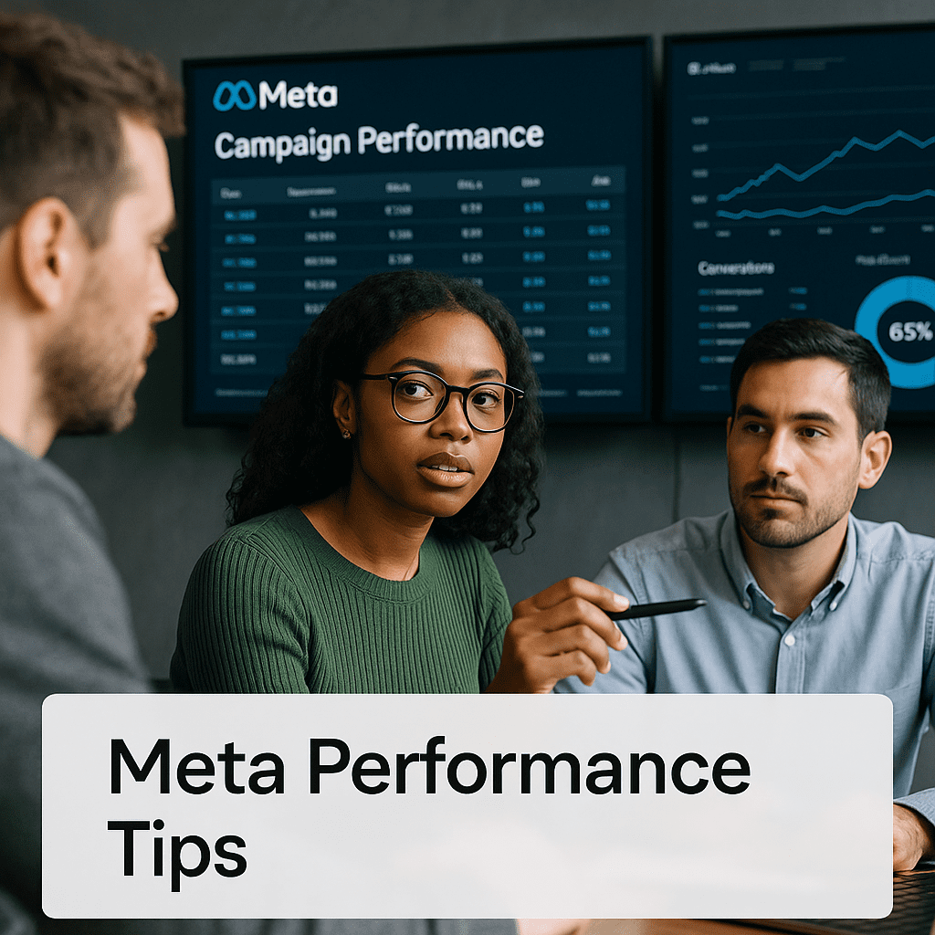 Team reviewing Meta campaign performance data on large digital displays.