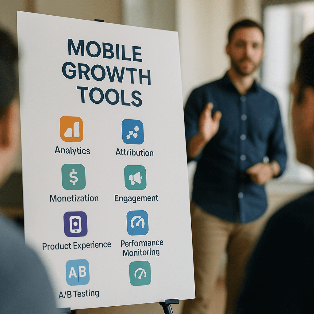 A mobile growth stack of tools highlighted in a tech team briefing.