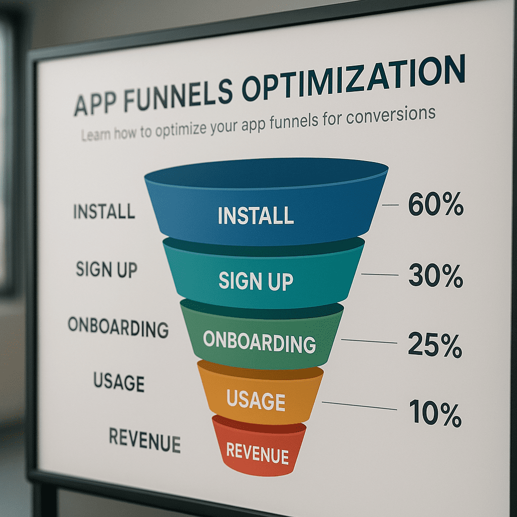 Funnel diagrams for app conversion paths analyzed on a smart board.