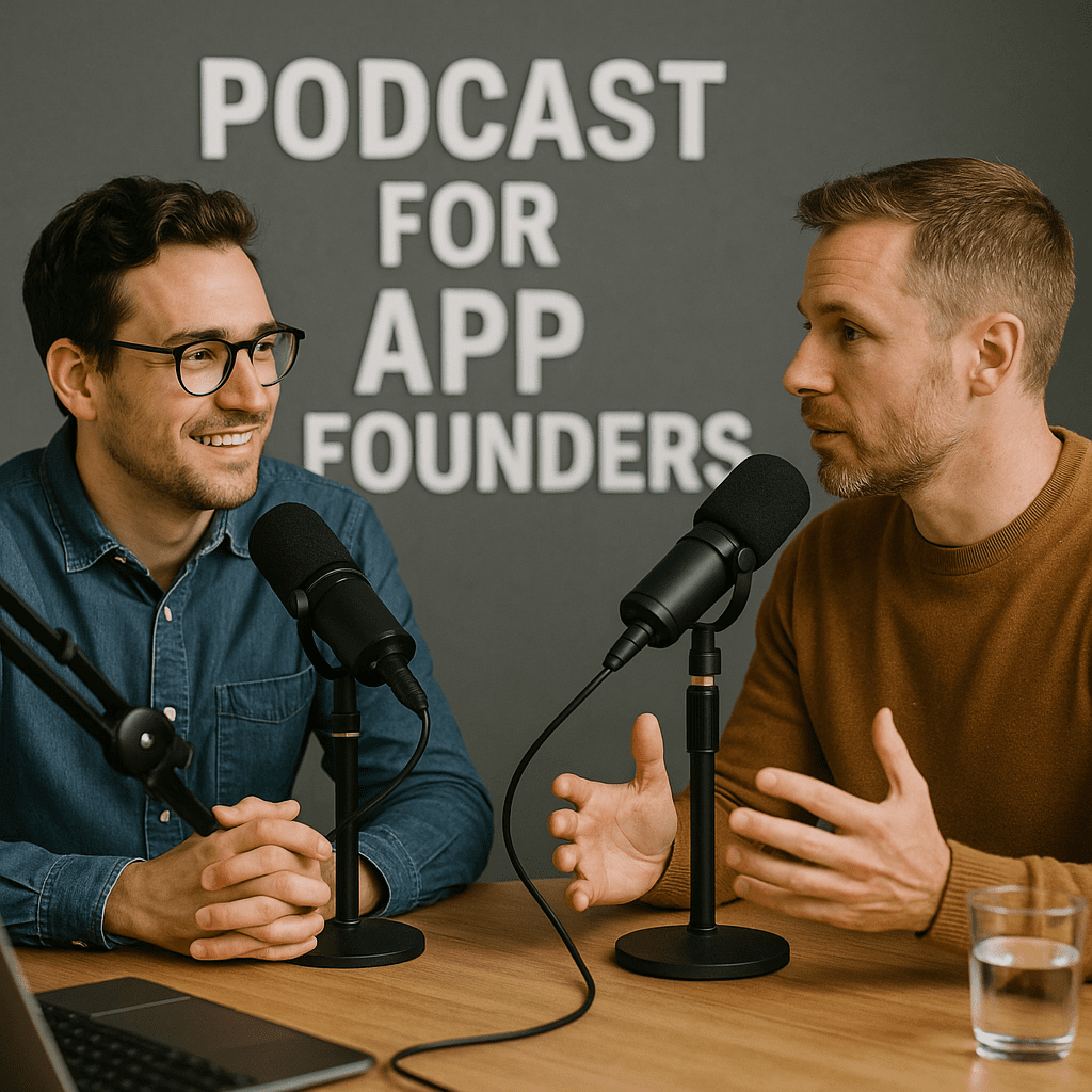 App founders discussing startup journeys during a podcast interview.
