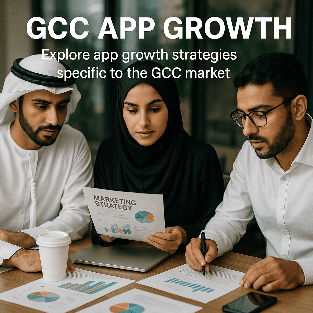 GCC app marketing specialists working on region-specific campaign plans.