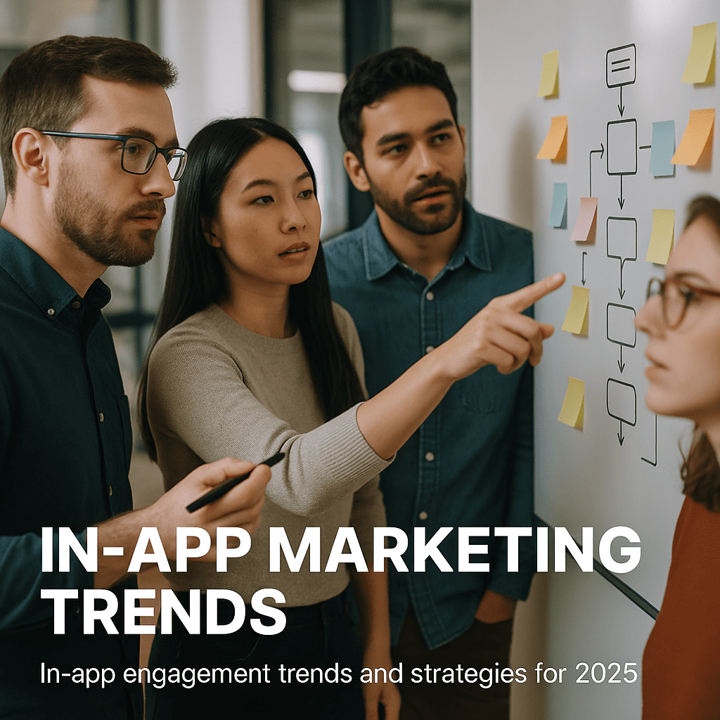 Developers and marketers brainstorming in-app message flows.
