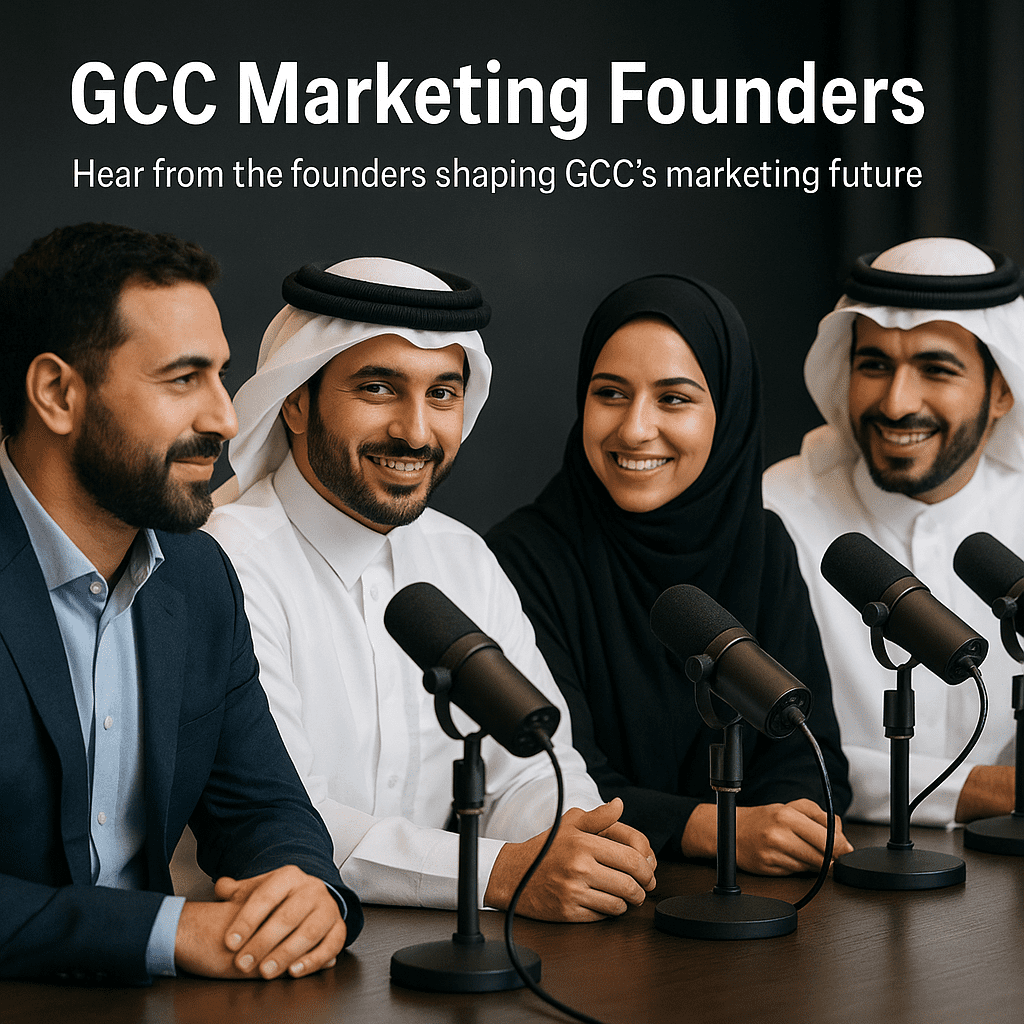 Founders of GCC marketing firms sharing experiences on a podcast panel.