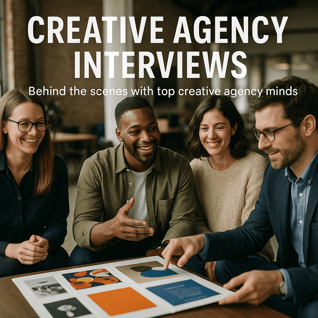 Creative agency leaders sharing portfolio highlights in an open studio.