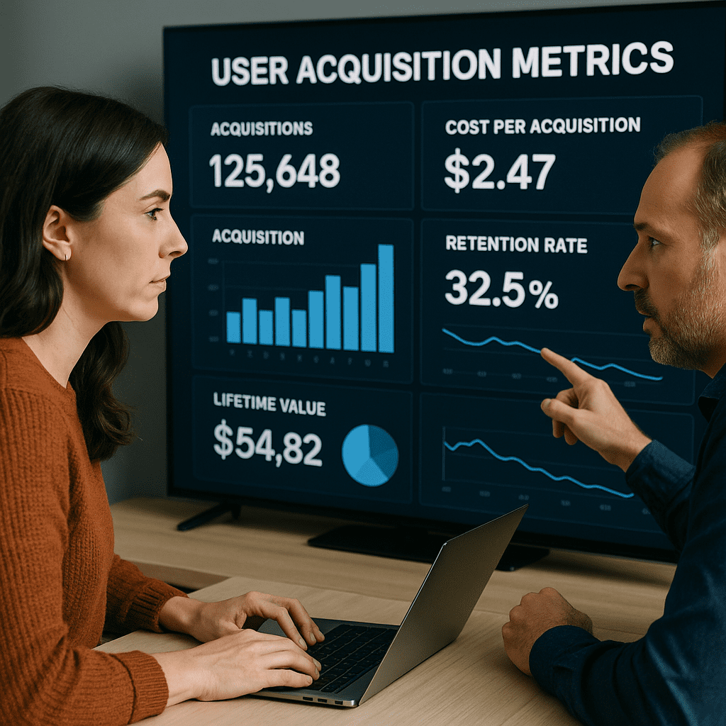 Marketers analyzing acquisition metrics on a large digital dashboard.
