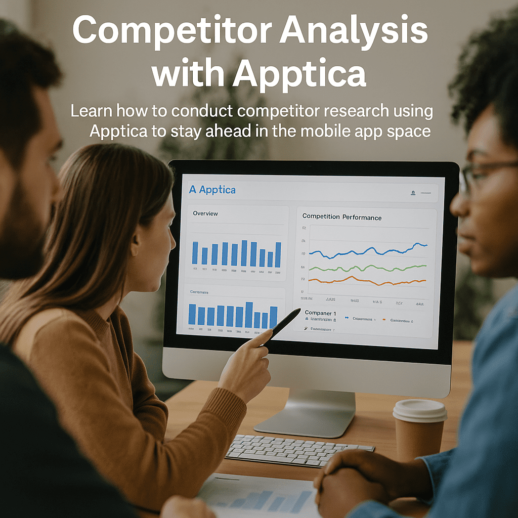 Marketing team reviewing Apptica dashboards with competitor performance graphs.