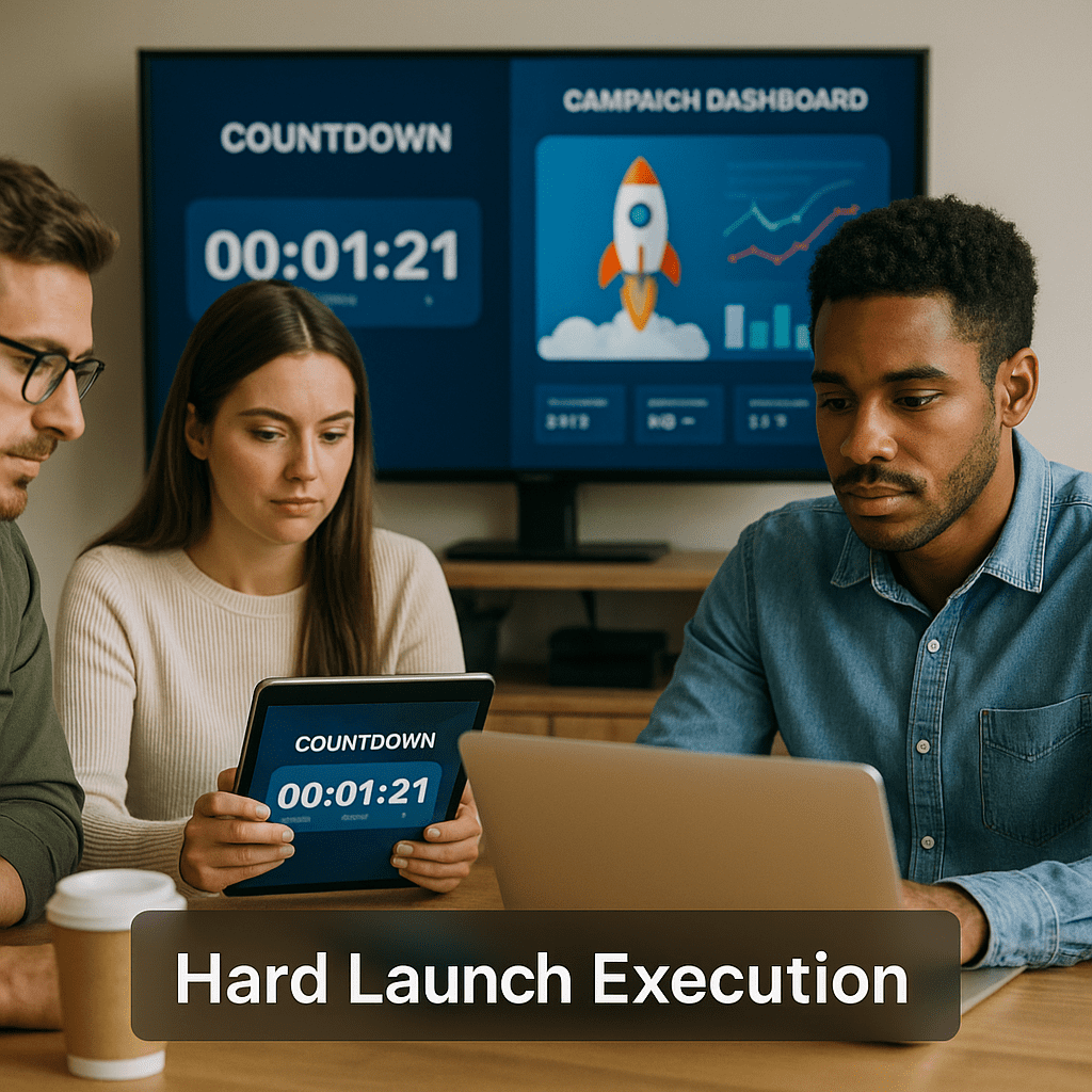 App team preparing for a launch with countdowns and campaign dashboards.