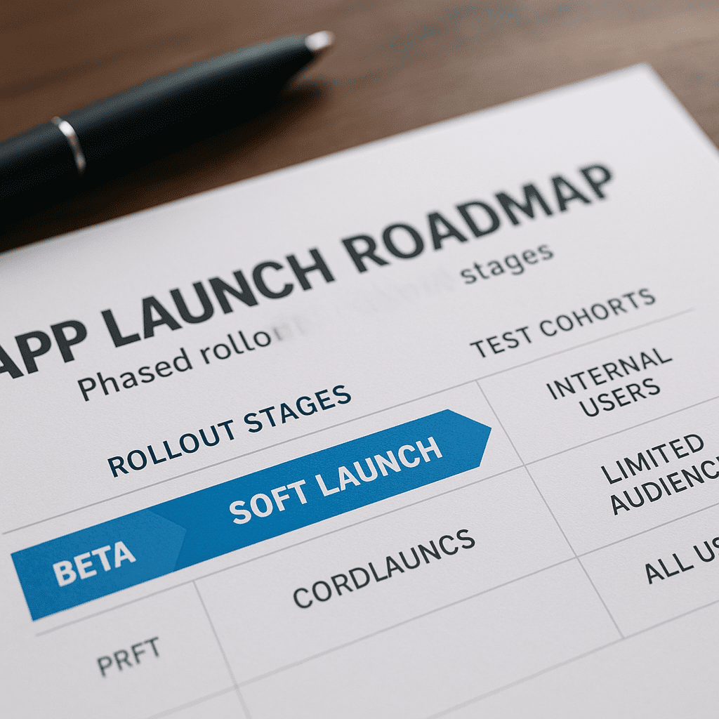 App launch roadmap showing phased rollout stages and test cohorts.