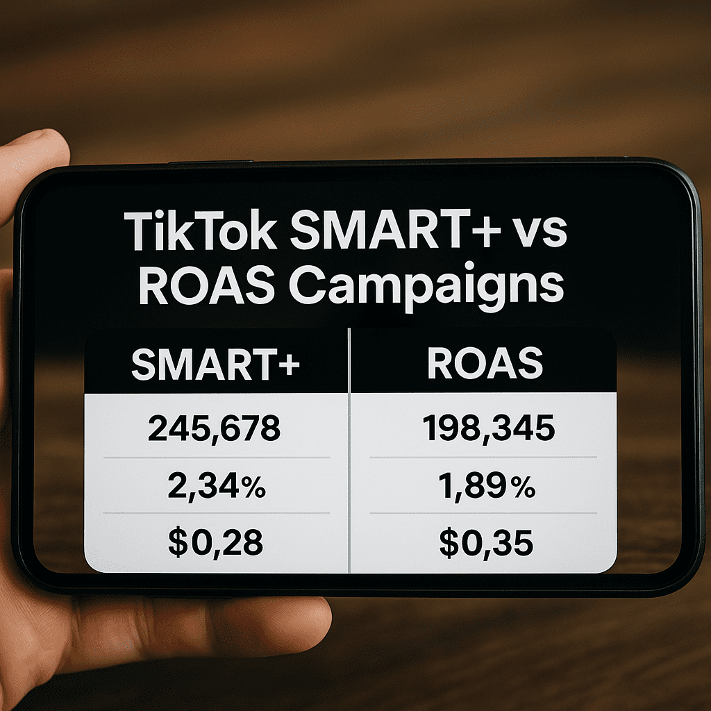 Split-screen visuals comparing SMART+ and ROAS TikTok ad results.