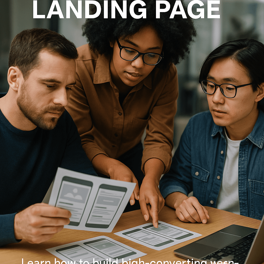Design team reviewing mobile-optimized landing page wireframes.