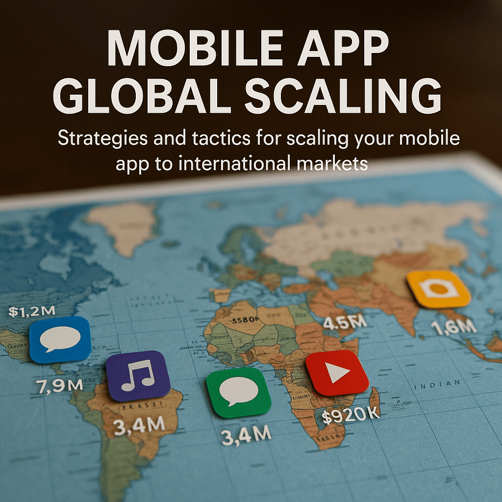 A global map with app icons and country-specific metrics.