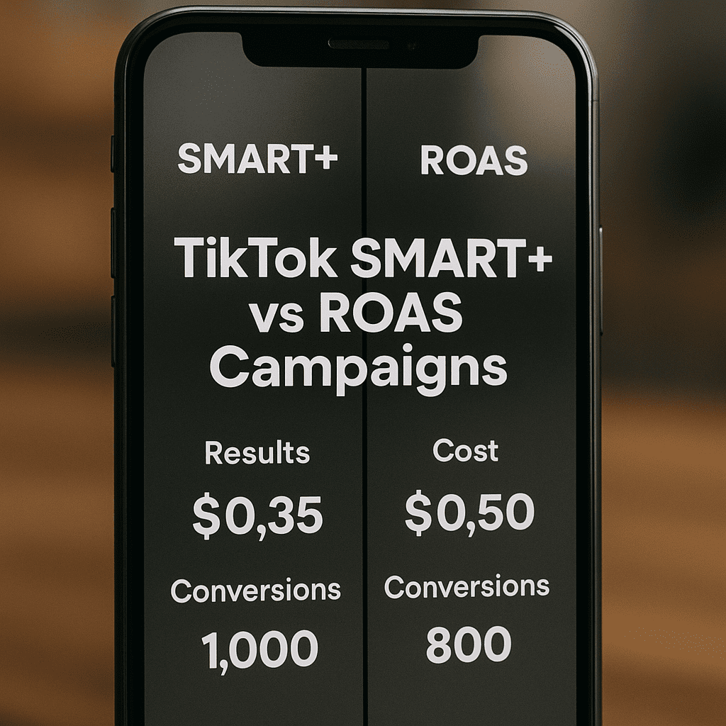 Split-screen visuals comparing SMART+ and ROAS TikTok ad results.