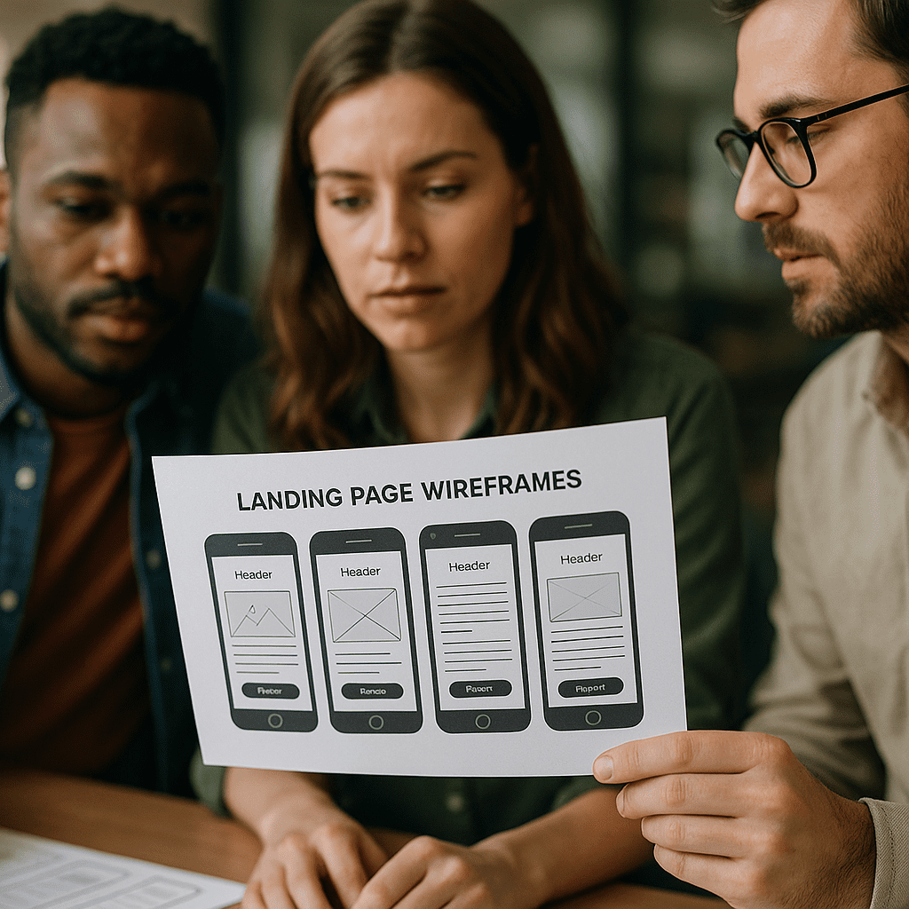 Design team reviewing mobile-optimized landing page wireframes.