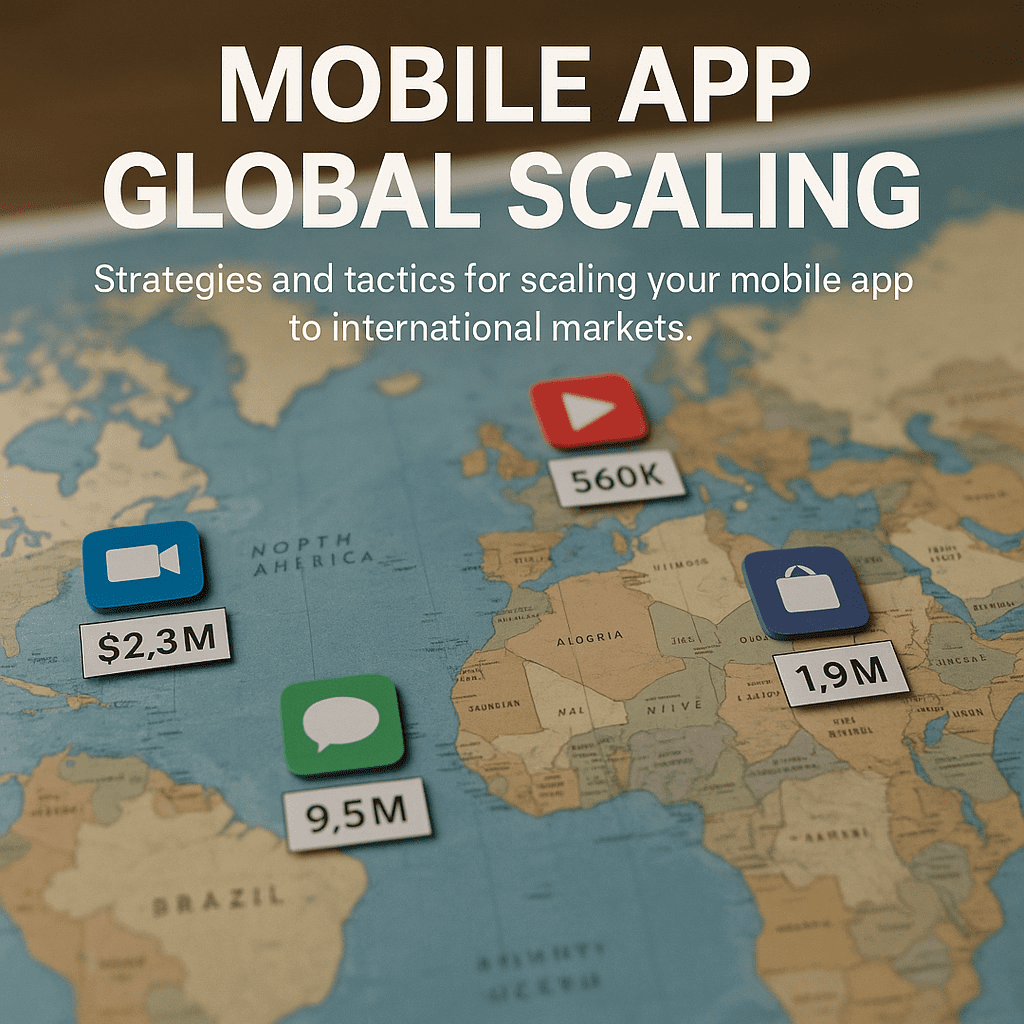 A global map with app icons and country-specific metrics.