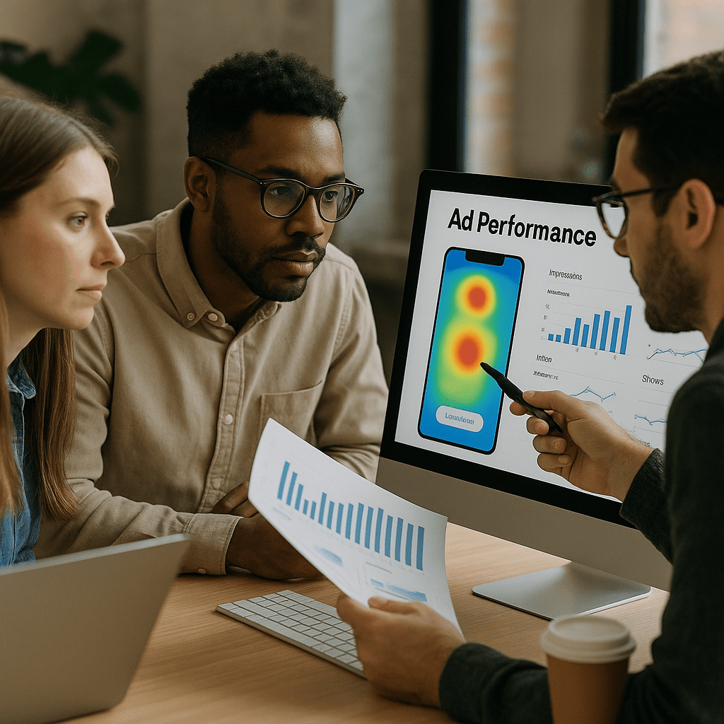 Creative team analyzing ad performance using heatmaps and engagement data.