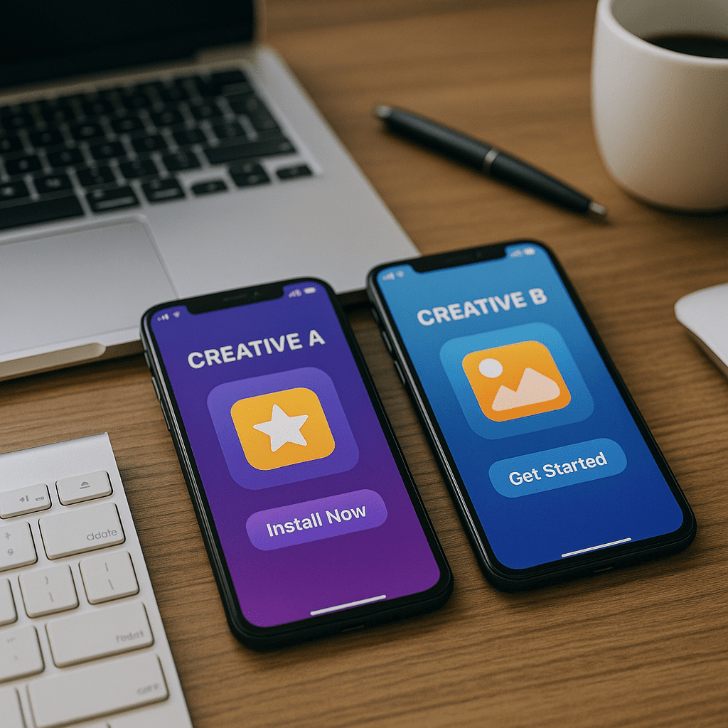 Workspace setup with mobile devices running A/B tested creatives side by side.