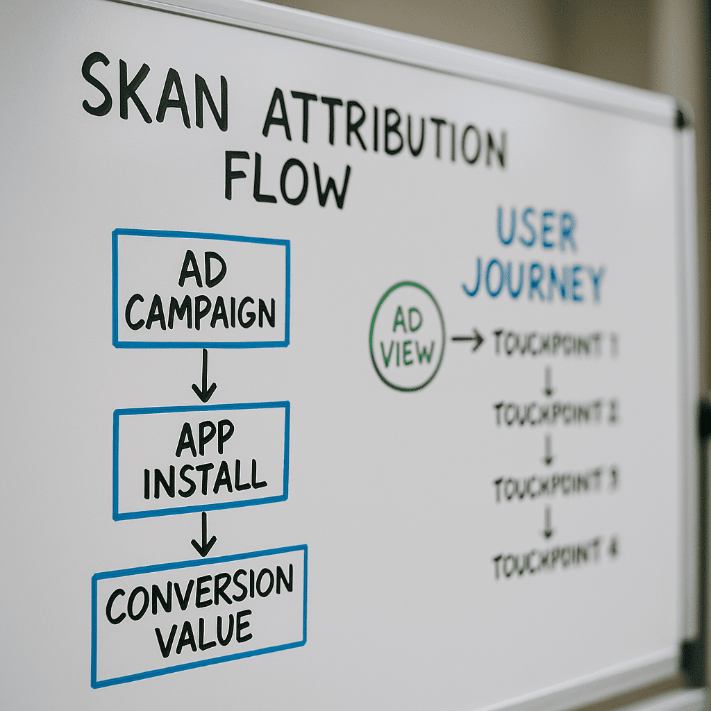 Whiteboard session mapping out SKAN attribution flow and user journey touchpoints.