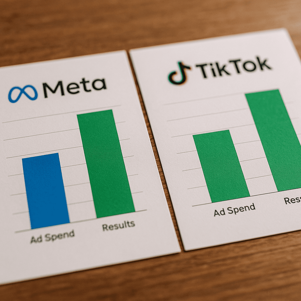 Side-by-side breakdown of Meta vs TikTok ad spend and results charts.