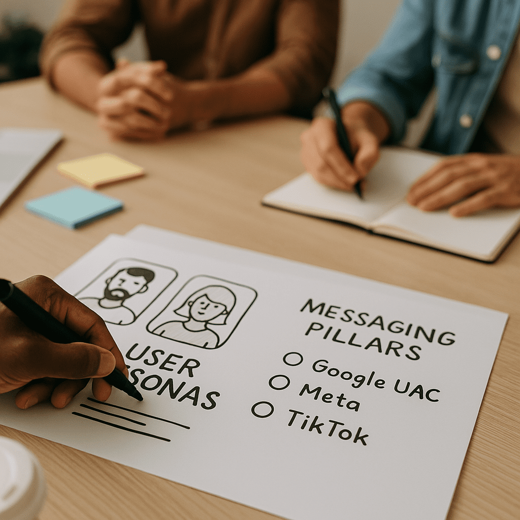 Brainstorm meeting with sketches of user personas and messaging pillars.