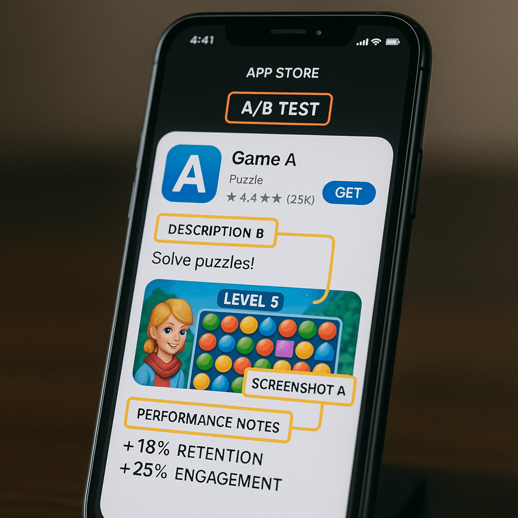 App Store page design with highlighted A/B test elements and performance notes.