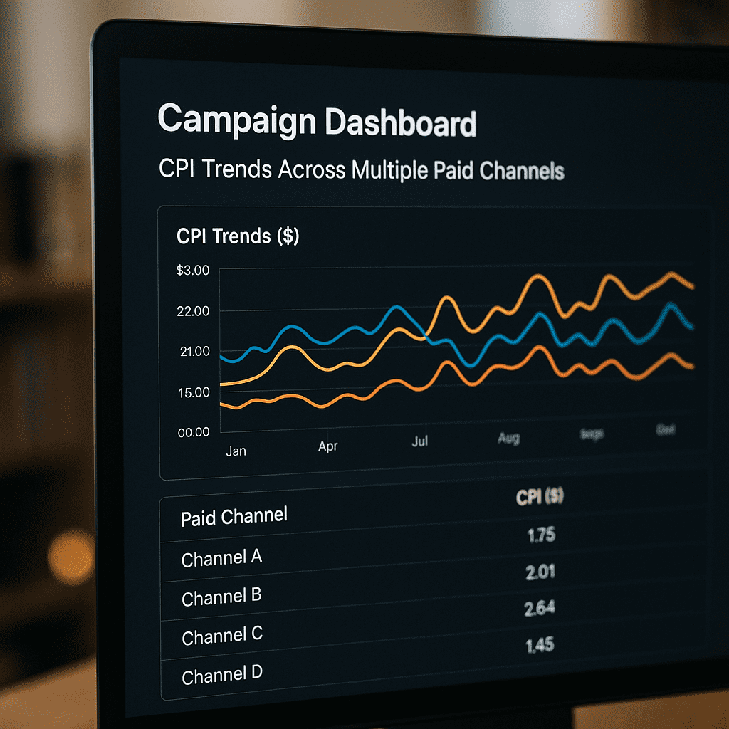 Campaign dashboard showing CPI trends across multiple paid channels.