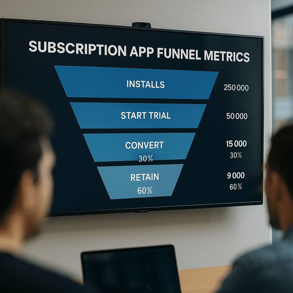 Subscription app funnel metrics displayed on a large team screen.
