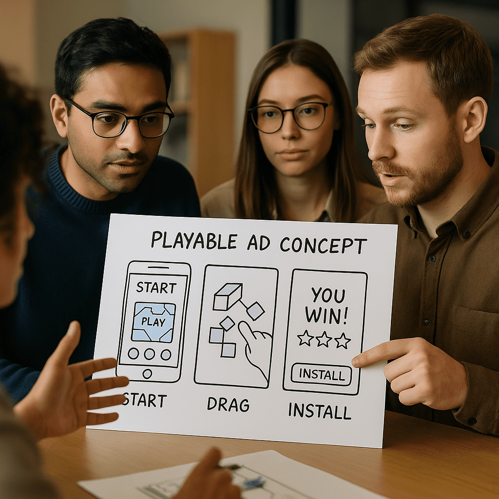 Playable ad concept storyboard being discussed by mobile gaming team.