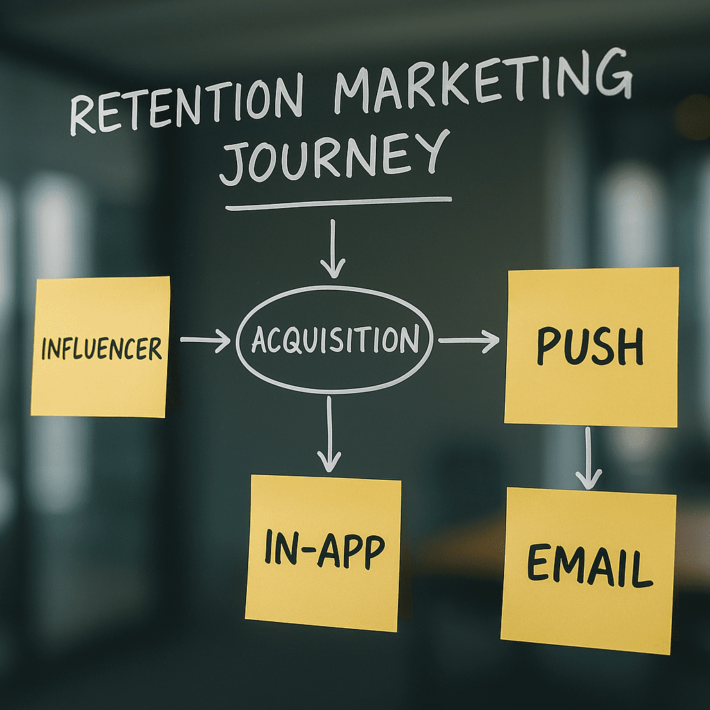 Retention marketing journey flow drawn on a glass board with sticky notes.
