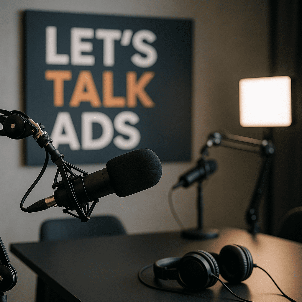 Podcast recording studio with branded Let’s Talk Ads visuals on display.