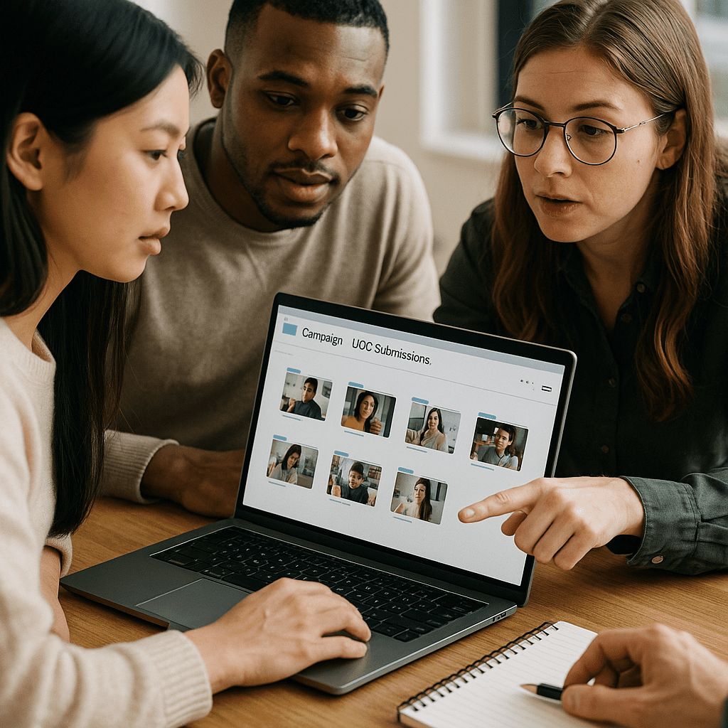 Marketing team reviewing UGC submissions for approval in campaign folder.